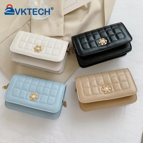 Fashion Women Pearl Solid Color Lattice Shoulder Crossbody Messenger Bag Casual Ladies PU Leather Chain Mini Flap Purse Handbags