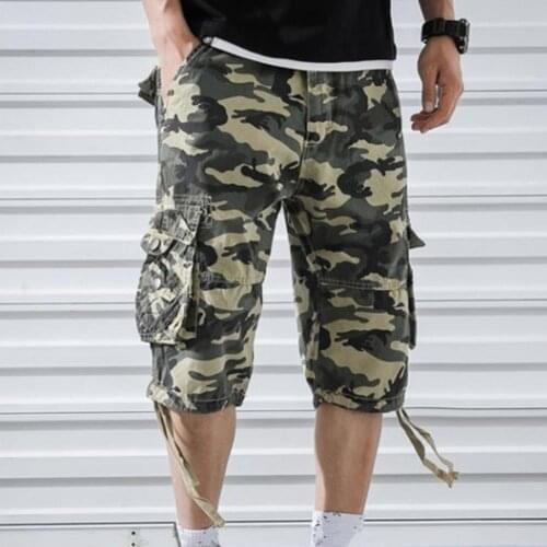 Fashion Men Camouflage Print Shorts Knee Length Multi Pockets High Waist Cargo Shorts Streetwear Casual Mens Shorts Plus Size