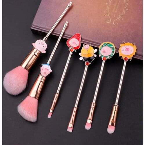 6 Pcs Piggy Metal Makeup Brushes Set Foundation Brush Lip Brush Fine Bristles Birthday Gift Girl Gift