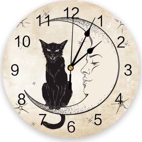 Animal Cat Moon Stars Retro Wall Clock Decorative Creative Modern Wall Clock for Living Room Kitchen Office Bedroom