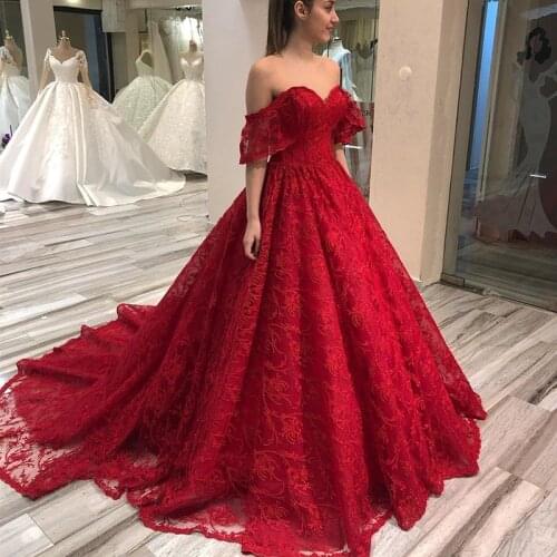 Wholesale Vintage Red Ball Gown Prom Party Dresses Long Sweetheart Off Shoulder Sleeves Wedding Guest Gowns Lace Court Train New