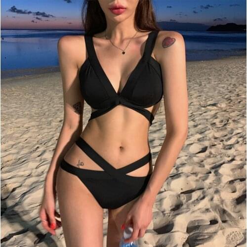 Vacation sexy bikini split hot spring gathering black swimsuit with cross straps for women