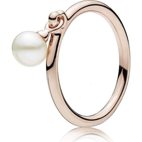 Authentic 925 Sterling Silver Rose Contemporary Pearl Europe Ring For Fashion Women Bead Charm Gift DIY Jewelry