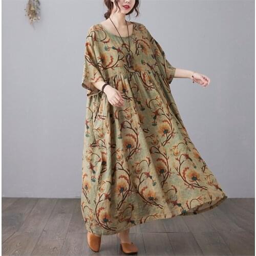 Plus Size Summer Print Dress Cotton Linen Female Loose Batwing Casual Vintage Large Size Holiday Beach Maxic Dresses