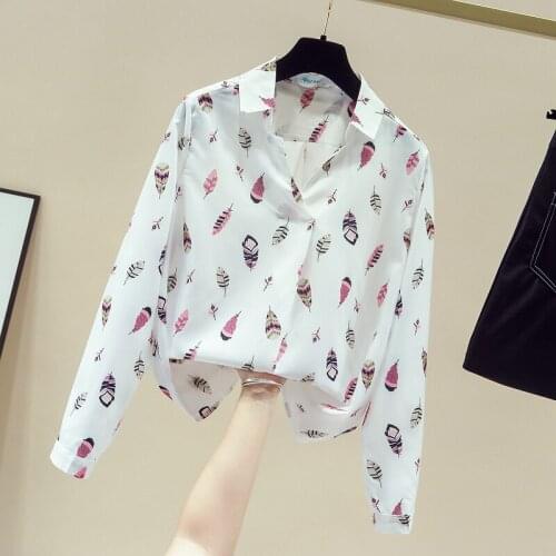 Feather print chiffon shirt V-neck blouse long-sleeved all-match tops 2020 autumn new casual fashion plus top