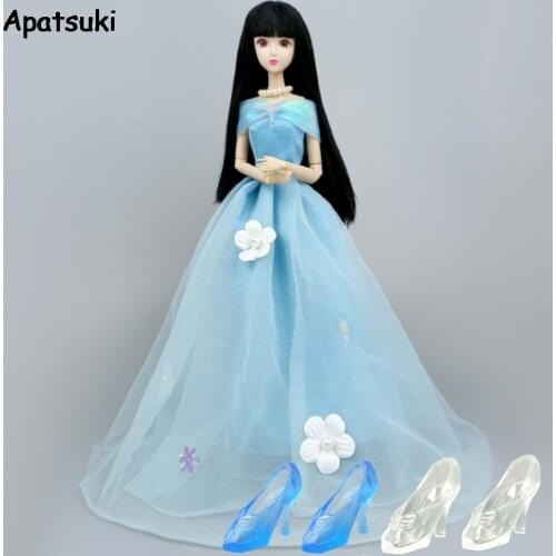Blue Cinderella Outfits Costume For Barbie Doll Clothes Crystal Shoes Flower Princess Dress 1/6 Dolls Accessories Party Gown Toy
