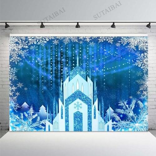 Blue Castle Frozen Backdrop Girls Birthday Party Winter Wonderland Decorations Ice Snow Background Princess Baby Photo Booth