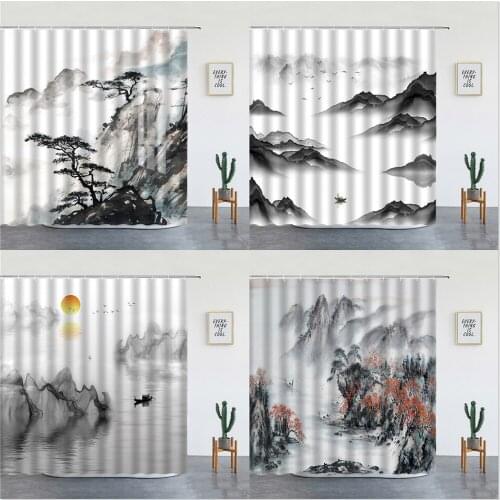 Chinese Style Shower Curtains Ink Painting Spring Mountain Water Flower Scenery Pattern Print Bathroom Home Decor Bathtub Screen