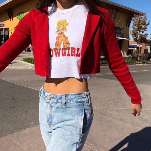 Summer White T-shirt Women Short Sleeve O-neck Cartoon Printed Slim Short Top Tee Casual Streetwear Mini Crop Tops