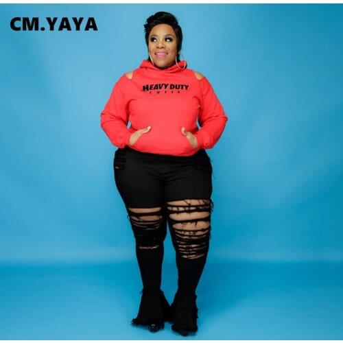 CM.YAYA Women Jeans Solid Ripped Hole Pockets Zipper Skinny Flare Denim Pants Fashion High Streetwear Autumn Trousers 2021