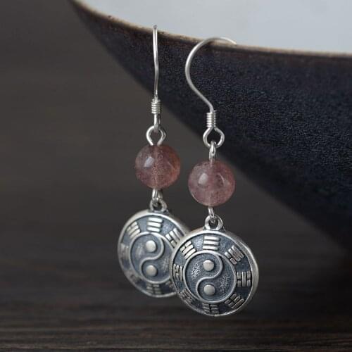 FNJ Round Bagua Earrings 925 Silver Original Pure S925 Sterling Silver Drop Earring for Women Jewelry Strawberry Quartz