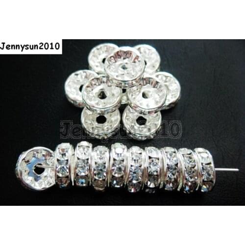 200pcs/lot 12mm Top Quality Czech Crystal Clear Rhinestone Pave Rondelle Metal Silver Plated Spacer Loose Beads Jewelry Making