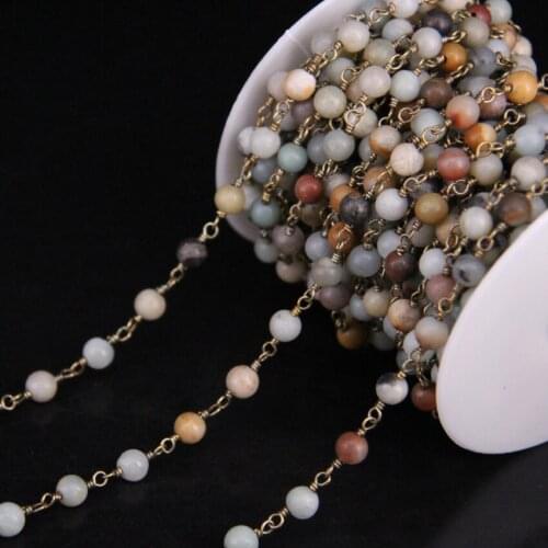 5Meter/lot,Multicolor Amazonite Round beads Rosary Style Chain,Natural Stone Brass Wire Wrapped Women sweater Chain