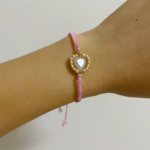 4Unik Rose Quartz Heart Beaded Pearl Bracelets Friendship Bracelets Romantic Pink Cute Simple Handmade Teengirls Jewelry Bijoux