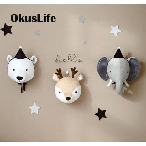 Kids Nordic Wall Hanging Unicorn Elephant Animal Head Euro Style Plush Toy Doll For Baby Room Decoration Children Gift