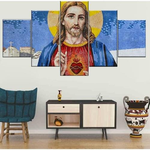 Home Decor HD Printed Modern Canvas 5 Panel Sacred Heart Of Jesus Painting Wall Art Modular Poster Frame Living Room Pictures
