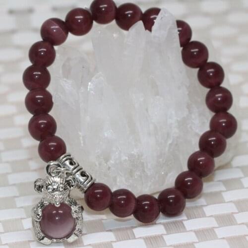 Purple cat eyes opal round beads vintage cute mouse pendant bracelets jewelry 8mm original design 7.5inch B2159