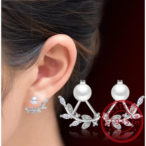 Exquisite 925 Sterling Silver Jewelry Front Back Double Sided Leaves Petals Zirconia Pearl Stud Earring brincos For Women S-E107