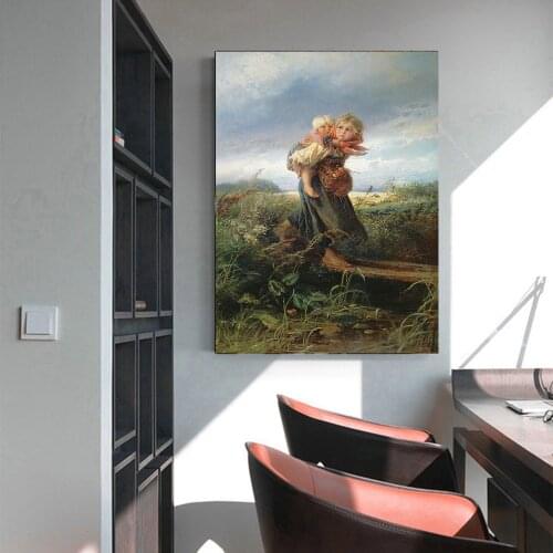 Citon Canvas Art Oil Painting Konstantin Makovsky《Children running from the storm》Art Poster Picture Wall Decor Home Decoration