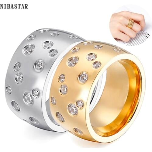 NIBASTAR Simple Stainless Steel Women 10mm Ring Shining Crystal Wedding Promise Jewelry Accessories Wholesale Retail