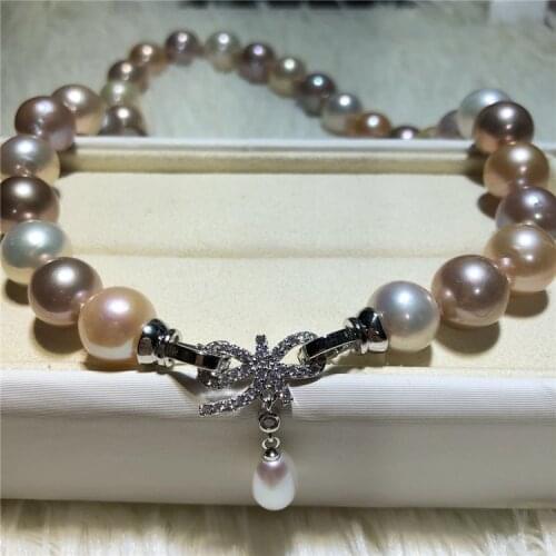 Hand knotted natural large 10-13mm color Edison freshwater pearl temperament micro inlay zircon clasp necklace fashion jewelry