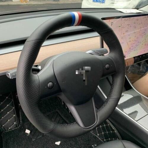 For Tesla Model 3 Y Leather Steering Wheel Blue/White/Red Marker Wrap Cover