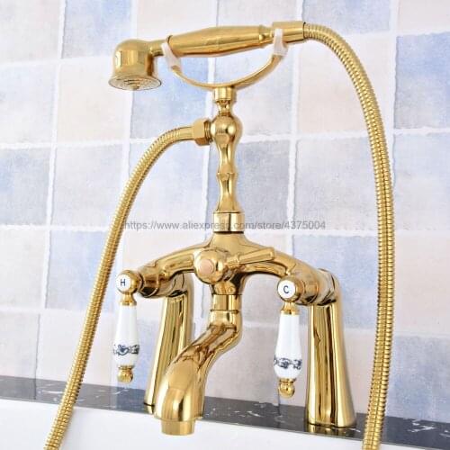 Deck Mounted Bathtub Faucet Double Handle Gold Color Brass Mixer Tap Bath Shower Faucets With Hand Shower Ntf788