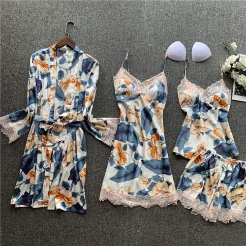 Lace Satin Sexy Pajamas Set Silk Robes For Women Sleepwear Floral Sexy Nightgown 4 Pieces Set Nightdress Night Suit Lounge Wear