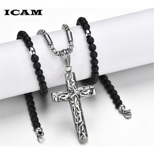 ICAM 4mm Blacck stone bead & Hematite cross pendant necklace for Men Women Catholic Christ Rosary Cross Pendant