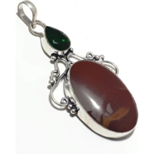 Mookaite Jaspers + Green Quarts Pendant Silver Overlay over Copper , 75 mm, P6820