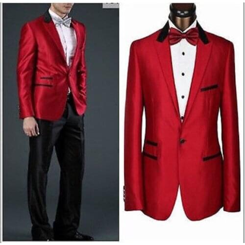 New MADE MEN SUITS,red jacket + black collar & pocket edge + black pants CUSTOM+red tie