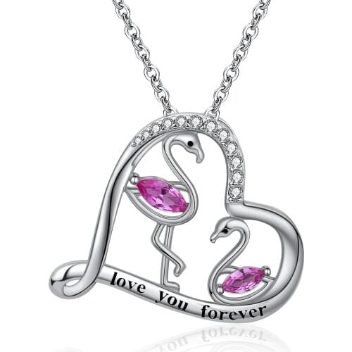 Flamingo Bird Necklace 925 Sterling Silver Animal Heart Pendant with Cubic Zirconia,Mothers Day Gifts for Women Wife Girlfriend