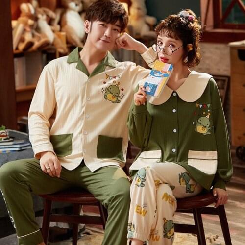 Autumn Warm Lovers Pyjama Full Sleeve Cotton Pajama Sets Cute Cartoon Little Dinosaur Couple Pajama Cute Sleepwear Set For Women