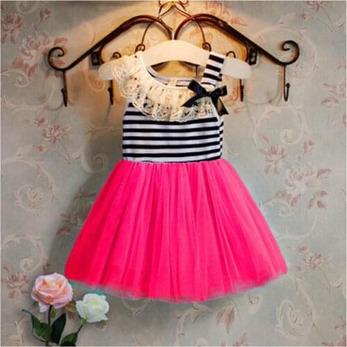 TONGMAO Girls' Stripe dresses Summer Fashion New Sleeveless Dress Girl Lace + cotton Material 4 colors 2-6 years