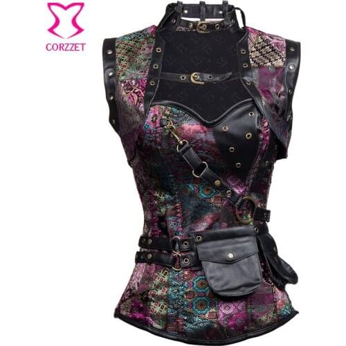 Purple Brocade Short Jacket & Steel Boned Corset Sexy Steampunk Women Waist Trainer Overbust Plus Size Gothic Burlesque Clothing