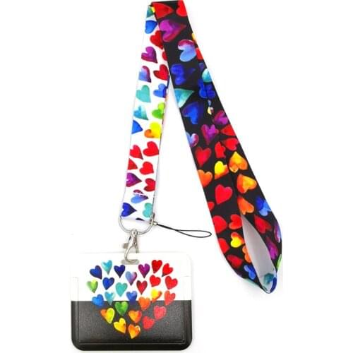 Rainbow Color Hearts Love Lanyard Credit Card ID Holder Bag Student Women Travel Card Cover Badge Car Keychain Decorations