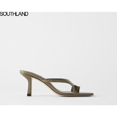 SOUTHLAND woman shoes women ins fashion blogger england office lady simple PU leather summer mules high heels slippers