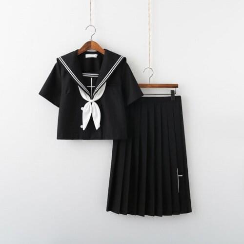Cross Embroidery School Uniform High School Girl Sailor Suits Cosplay Costume Black Short Long Sleeve Japanese Anime Uniforms