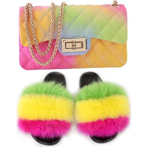 Womens Real Fox Fur Slippers Colorful Fur Slides Ladies Furry Sandals Female Fluffy House Shoes Fashion Bright Jelly Bags Sets