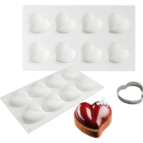 Silicone Mold 3D Bakeware Dessert Mousse DIY Mould, Stainless Steel Heart-shaped Crispy Tool, 8 Holes Twisted Heart Shape