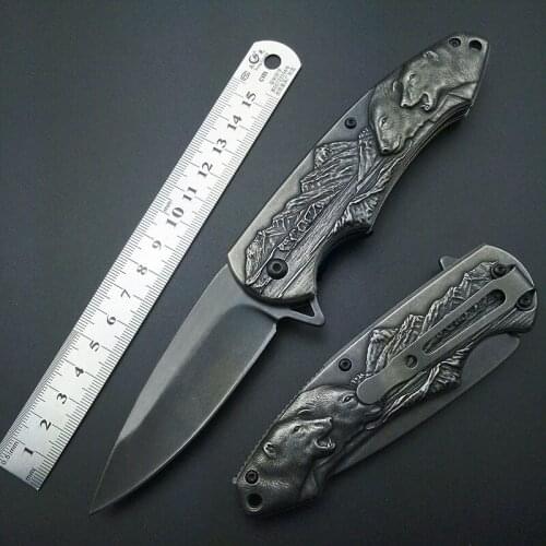 Stonewash Polar Bear Fold Knife Tactical Folding 7Cr13 Blade Knives Mark Outdoor tools Top Quality Artwork Carving knifes