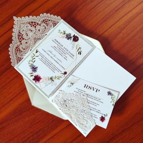 50X White Lace Wedding Invitation with Silver Glitter Insert and Envelope DIY Personalized Print Bridal Shower Greeting Cards