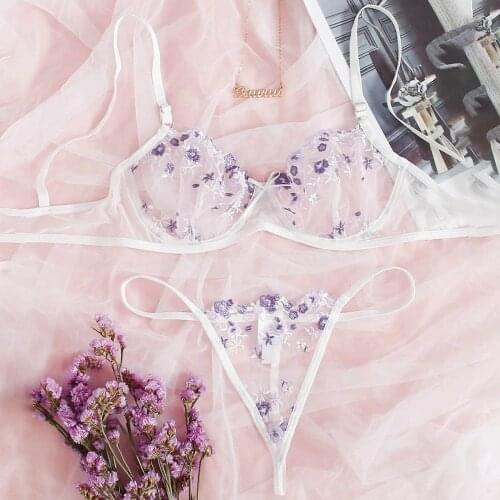 Sexy Lace See Through Lingerie for Women G-string Flowers Embroidery Bralette Lace Bra Bustier Lingerie Thong Lingerie Set