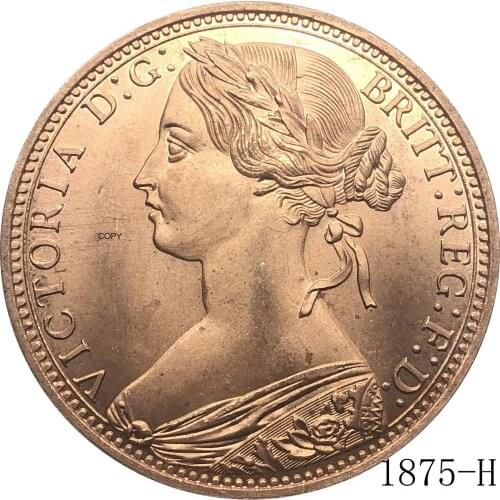 United Kingdom 1875 H 1 One Penny Queen Victoria Great Britain Bronze Portrait Red Copper Copy Coin With Smooth Edge