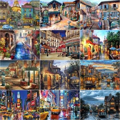 AZQSD Diamond Painting City Street Cross Stitch Kits Diamond Embroidery Landscape Mosaic Needlework Home Decor Handmade Gift
