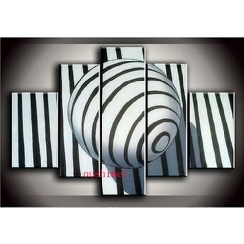 Free Shipping Hand-painted Artwork The Sphere Stripe High Q. Wall Abstract Oil Painting On Canvas 5pcs/set Black&White Ball