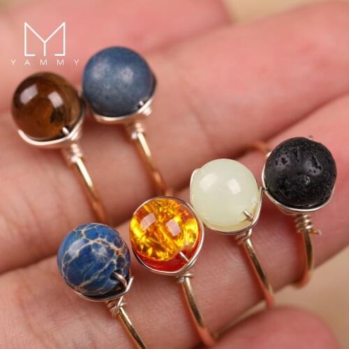 Natural Agate Bead,Round Beads Winding Ring,Golden Adjustable Rings Jewelry Gemstones Beads Statement Finger Rings，Tiger Eye