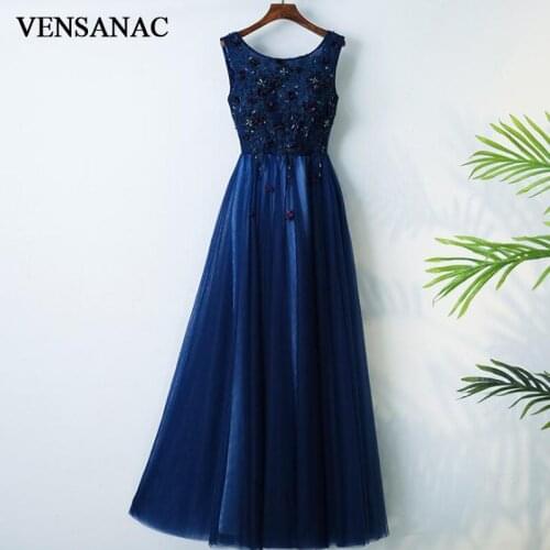 VENSANAC 2018 O Neck Crystal Sequined A Line Long Evening Dresses Elegant Lace Party Embroidery Flowers Prom Gowns