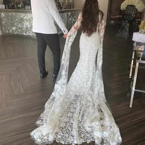 French Lace Wedding Dress 2020 Sheer Illusion Plunge Neck Front Sheath Sheer Lace Low Back Flare Sleeves Bridal Gowns Long Train