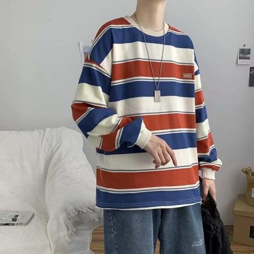 Japanese Kpop Funny Striped t-shirt Oversized Round Neck Creative Long Sleeves Clothes Harajuku Contrast Color casual Streetwear